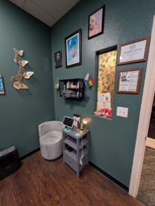 Interior view of a private hair salon in Alamo Heights featuring a comfortable styling chair in a calm, sensory-friendly environment.