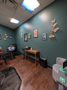 Interior view of a private hair salon in Alamo Heights featuring a comfortable styling chair in a calm, sensory-friendly environment.